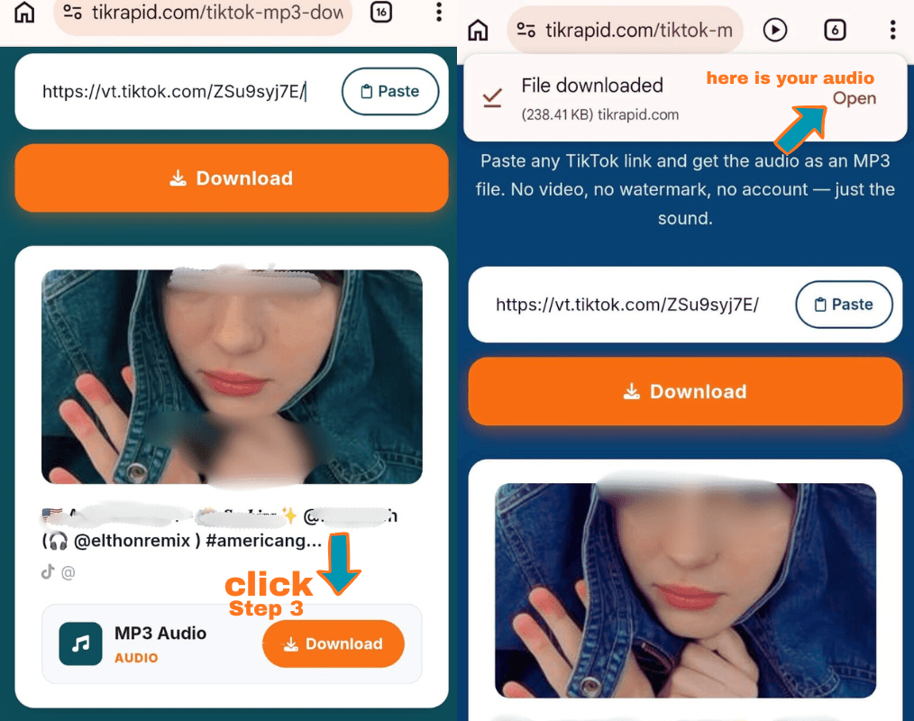 TikRapid MP3 Audio download button and file downloaded notification on Android