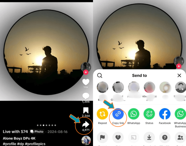 TikTok photo post showing the Share button to copy link for downloading